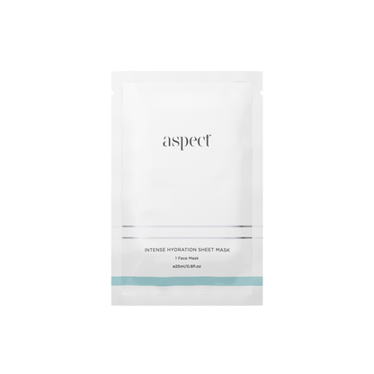 Aspect Intense Hydration Sheet Mask hydrating bio-cellulose face mask infused with hyaluronic acid and antioxidants to plump, soothe and revive dehydrated skin.