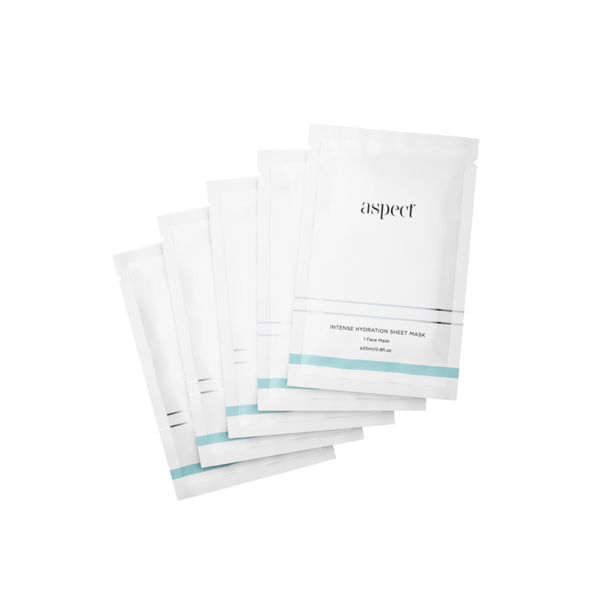 Styled image of five Aspect Intense Hydration Sheet Mask sachets, highlighting the 5-pack hydrating bio-cellulose masks for plumping, soothing and replenishing skin.
