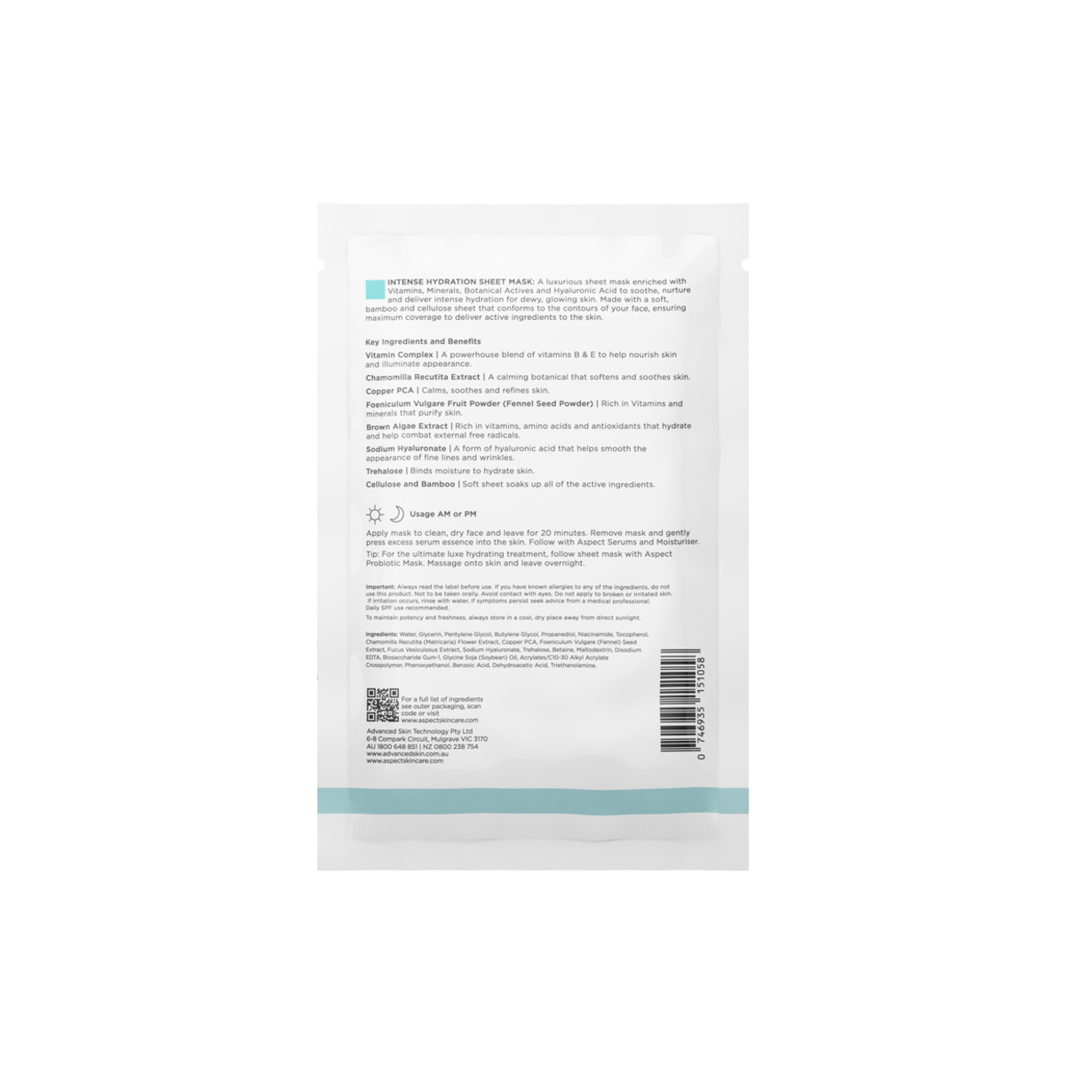 Back view of Aspect Intense Hydration Sheet Mask showing ingredients and directions for the deeply hydrating, soothing sheet mask treatment.
