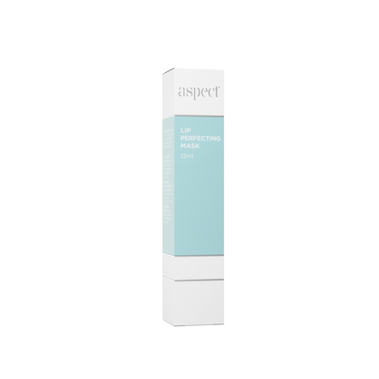 Packaging box of Aspect Lip Perfecting Mask featuring the nourishing, ceramide-rich formula designed to hydrate, smooth and protect dry lips.