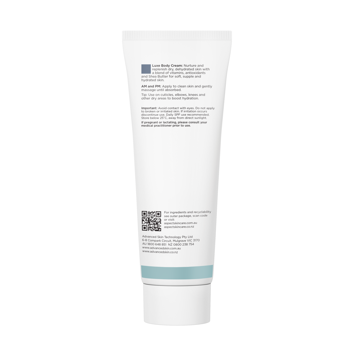 Back view of Aspect Luxe Body Cream showing ingredients and directions for the antioxidant-rich, deeply nourishing body moisturiser.