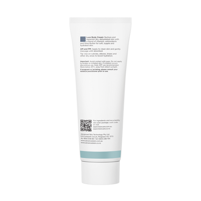 Back view of Aspect Luxe Body Cream showing ingredients and directions for the antioxidant-rich, deeply nourishing body moisturiser.