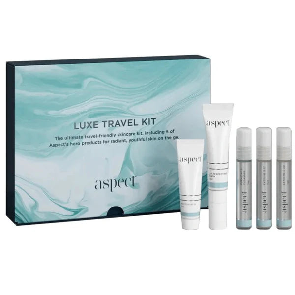 Aspect Luxe Travel Kit Limited Edition including Purastat 5, Extreme C 20, Extreme B 17, Phytostat 9 and Lip Perfecting Mask for travel skincare.