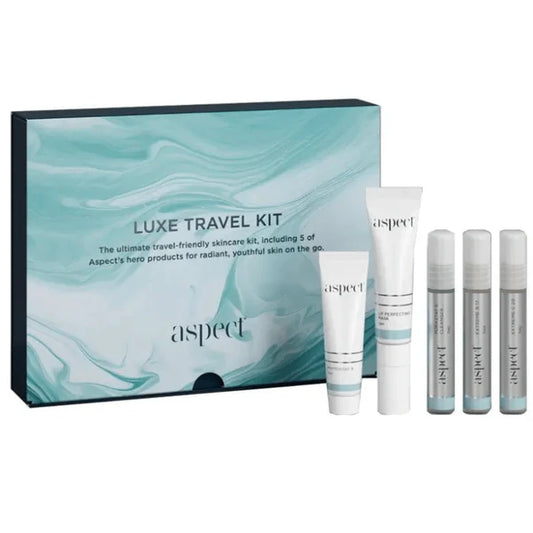 Aspect Luxe Travel Kit Limited Edition including Purastat 5, Extreme C 20, Extreme B 17, Phytostat 9 and Lip Perfecting Mask for travel skincare.