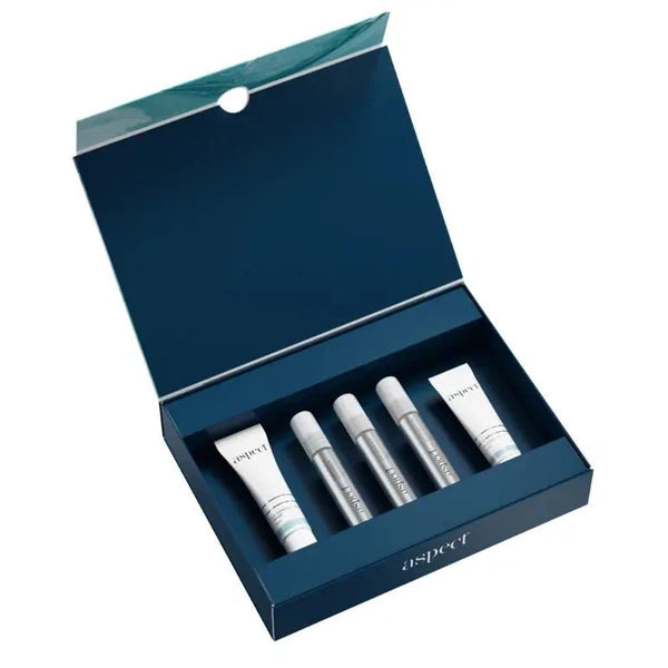 Aspect Luxe Travel Kit Limited Edition packaging showing the five skincare products neatly arranged inside for a complete travel-sized skincare routine.