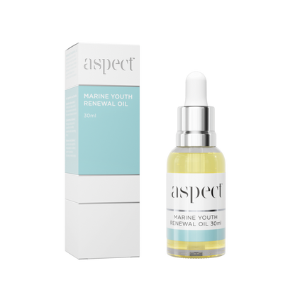 Aspect Marine Youth Renewal Oil placed beside its packaging, highlighting the lightweight hydrating and barrier-strengthening marine algae formula.