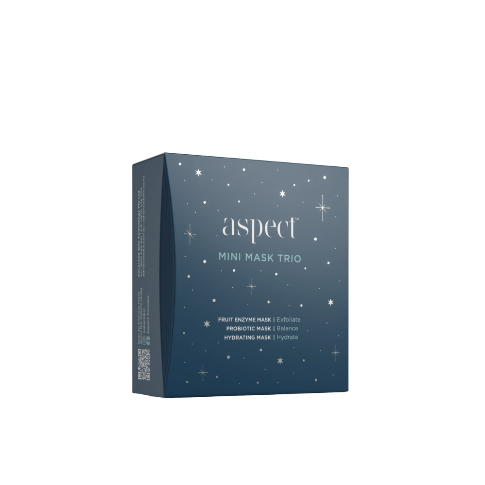 Aspect Mini Mask Trio Limited Edition Kit box featuring three 30ml masks for exfoliation, hydration and barrier support.