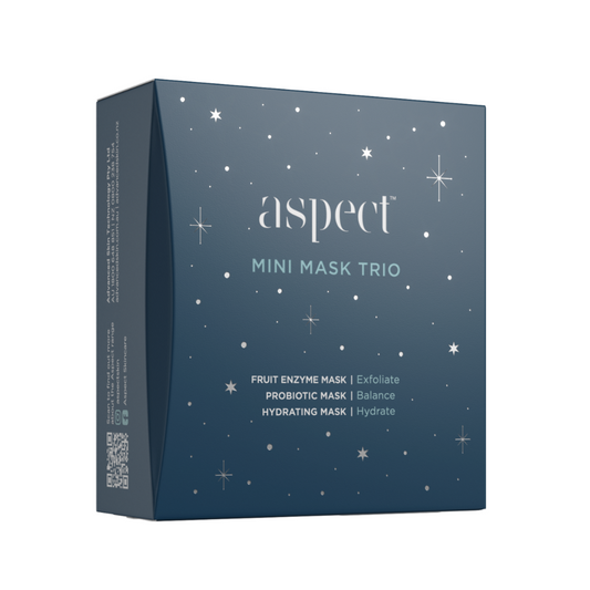 Aspect Mini Mask Trio Limited Edition Kit box featuring three 30ml masks for exfoliation, hydration and barrier support.