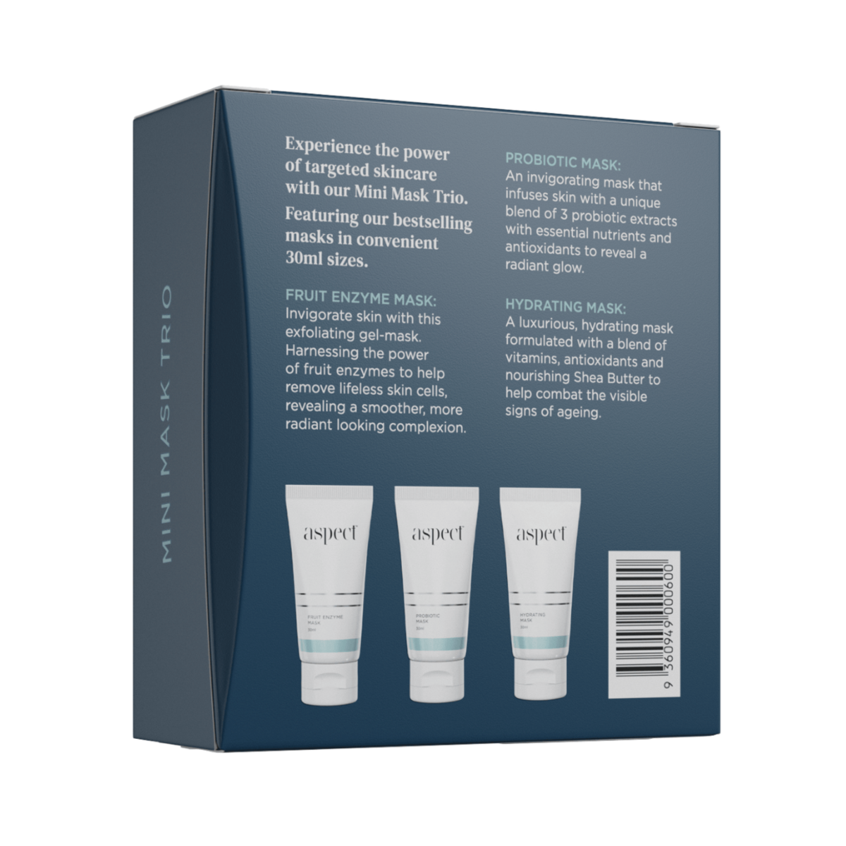 Back view of the Aspect Mini Mask Trio Limited Edition Kit box showing product details and images of the Fruit Enzyme, Probiotic and Hydrating Masks.