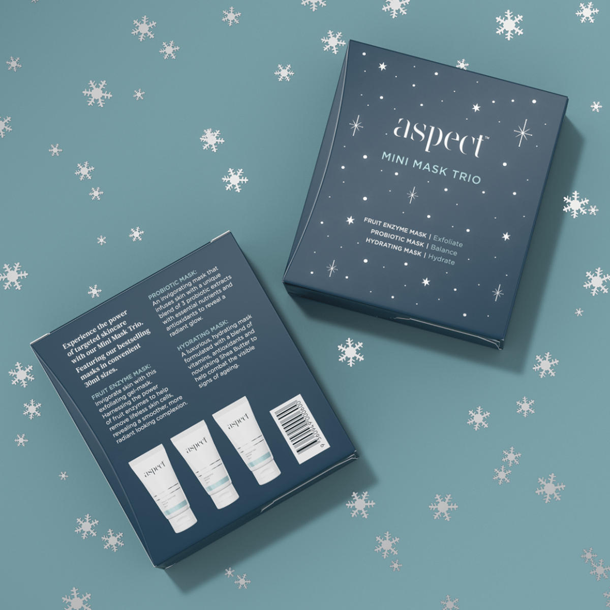 Flatlay showing two Aspect Mini Mask Trio Limited Edition Kit boxes - front and back views - to showcase the limited edition skincare trio for exfoliation, hydration and gifting.