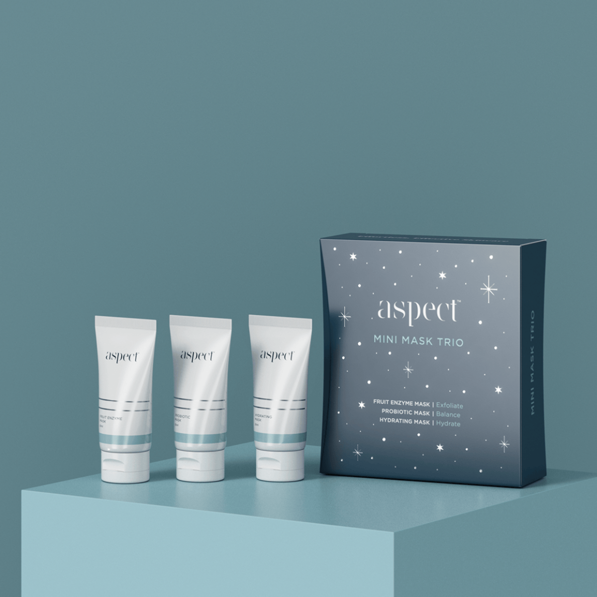 Aspect Mini Mask Trio Limited Edition Kit displayed with the Fruit Enzyme, Probiotic and Hydrating Masks positioned beside the box for a complete at-home masking routine.
