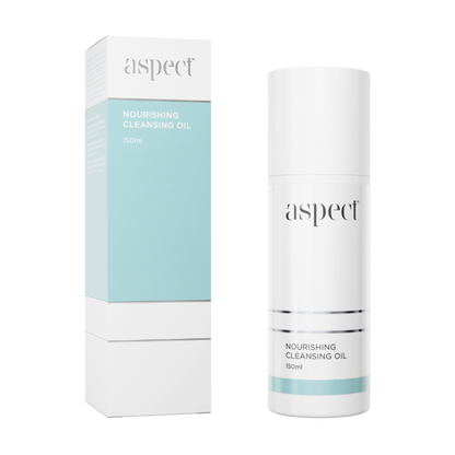 Aspect Nourishing Cleansing Oil with its packaging box, showcasing the oil-to-milk cleanser formulated to remove makeup, hydrate the skin and support the microbiome.