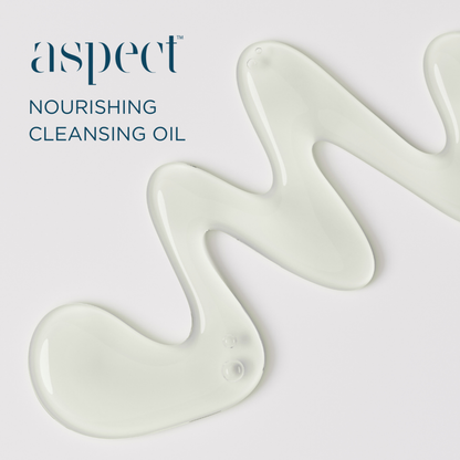 Closeup of Aspect Nourishing Cleansing Oil texture, highlighting the silky oil-to-milk formula that melts makeup, lifts impurities and leaves skin soft and nourished.