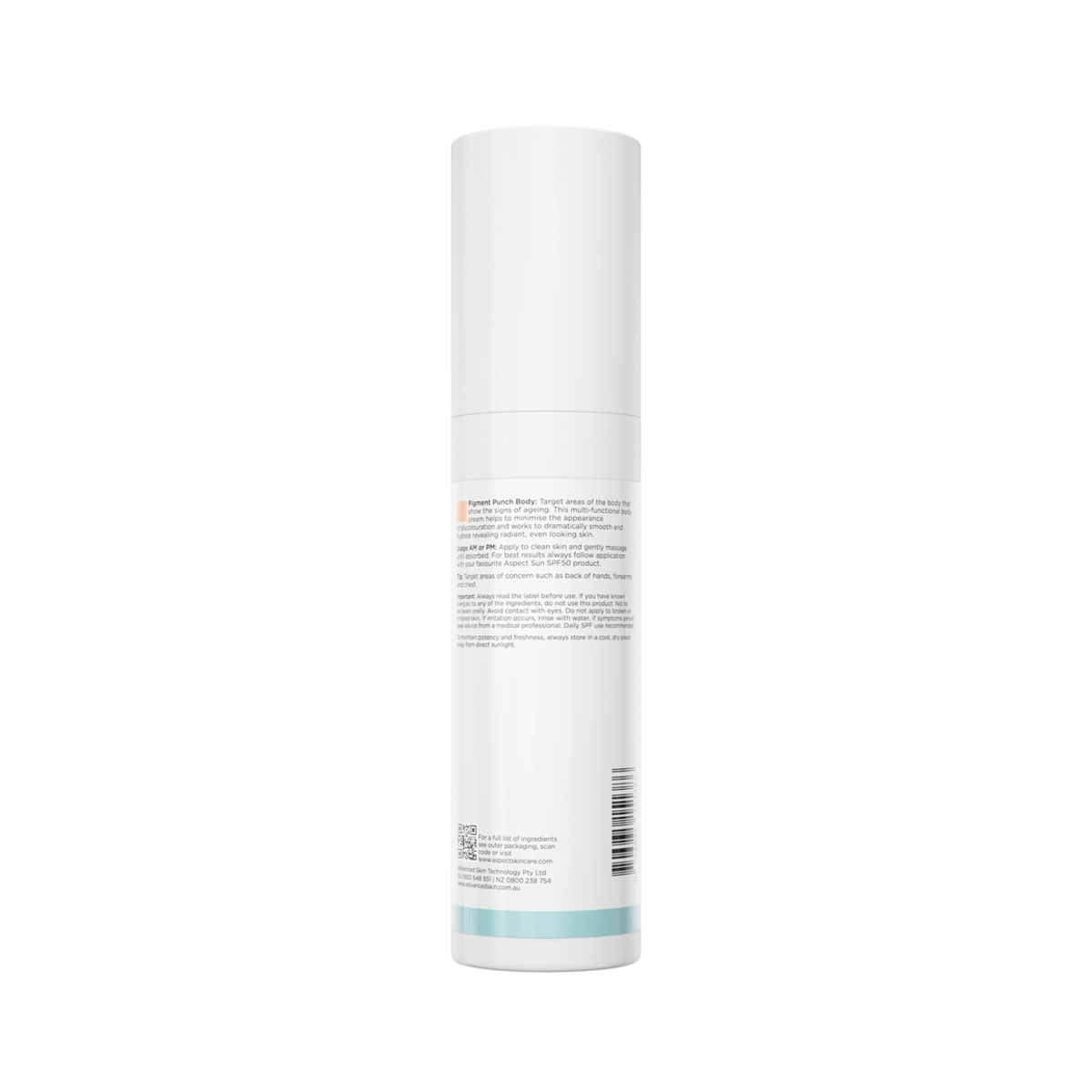 Back view of Aspect Pigment Punch Body showing ingredients and directions for the brightening, exfoliating body treatment that evens and revitalises skin tone.