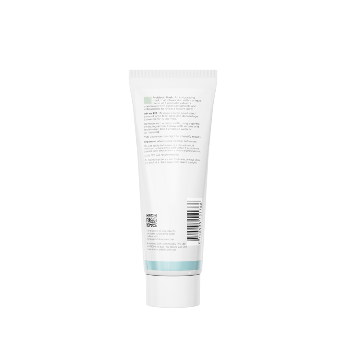 Back view of Aspect Probiotic Mask showing ingredients and directions for the probiotic-infused hydrating mask that strengthens and soothes sensitive skin.