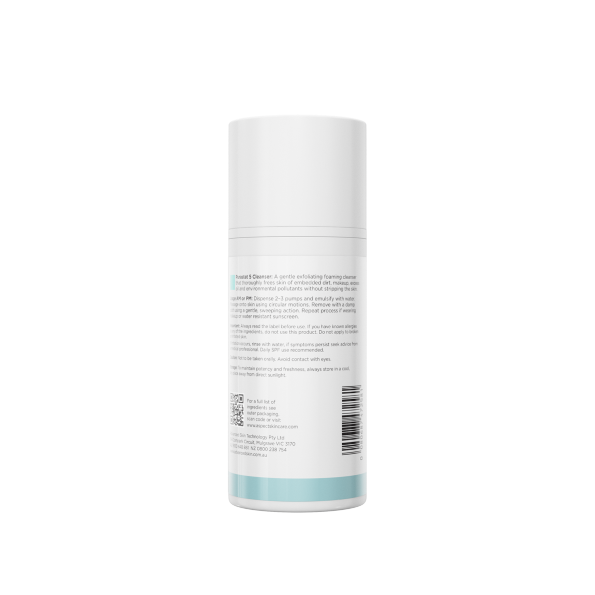 Back view of Aspect Purastat 5 Cleanser 100ml showing ingredients and directions for the lactic acid and multi-fruit complex exfoliating gel cleanser.