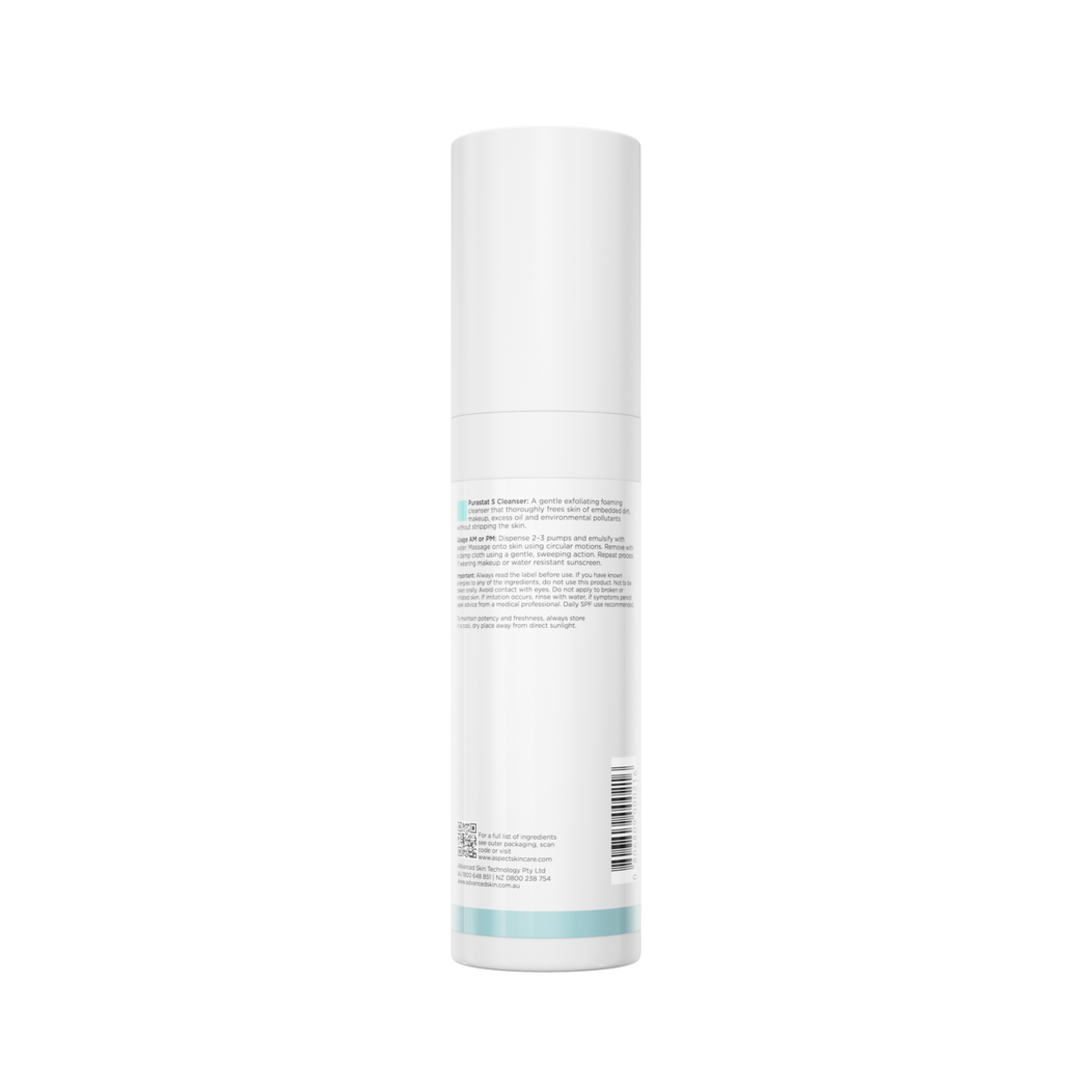 Back view of Aspect Purastat 5 Cleanser 220ml showing ingredients and directions for the lactic acid and multi-fruit complex exfoliating gel cleanser.