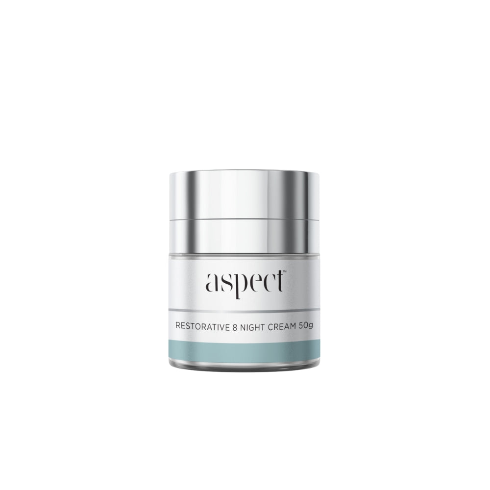 Aspect Restorative 8 Night Cream, a peptide-rich overnight moisturiser designed to hydrate, smooth and revitalise tired or dehydrated skin.