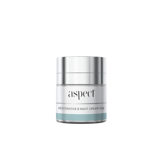 Aspect Restorative 8 Night Cream, a peptide-rich overnight moisturiser designed to hydrate, smooth and revitalise tired or dehydrated skin.