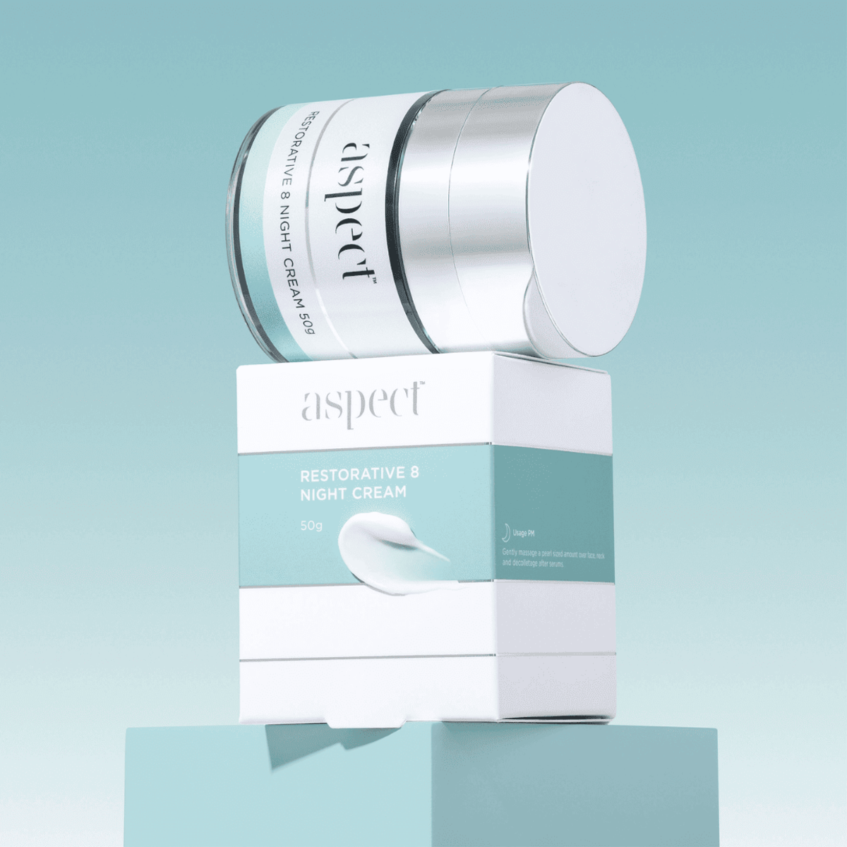 Aspect Restorative 8 Night Cream shown beside its packaging, highlighting the peptide and antioxidant night cream that supports overnight skin repair.