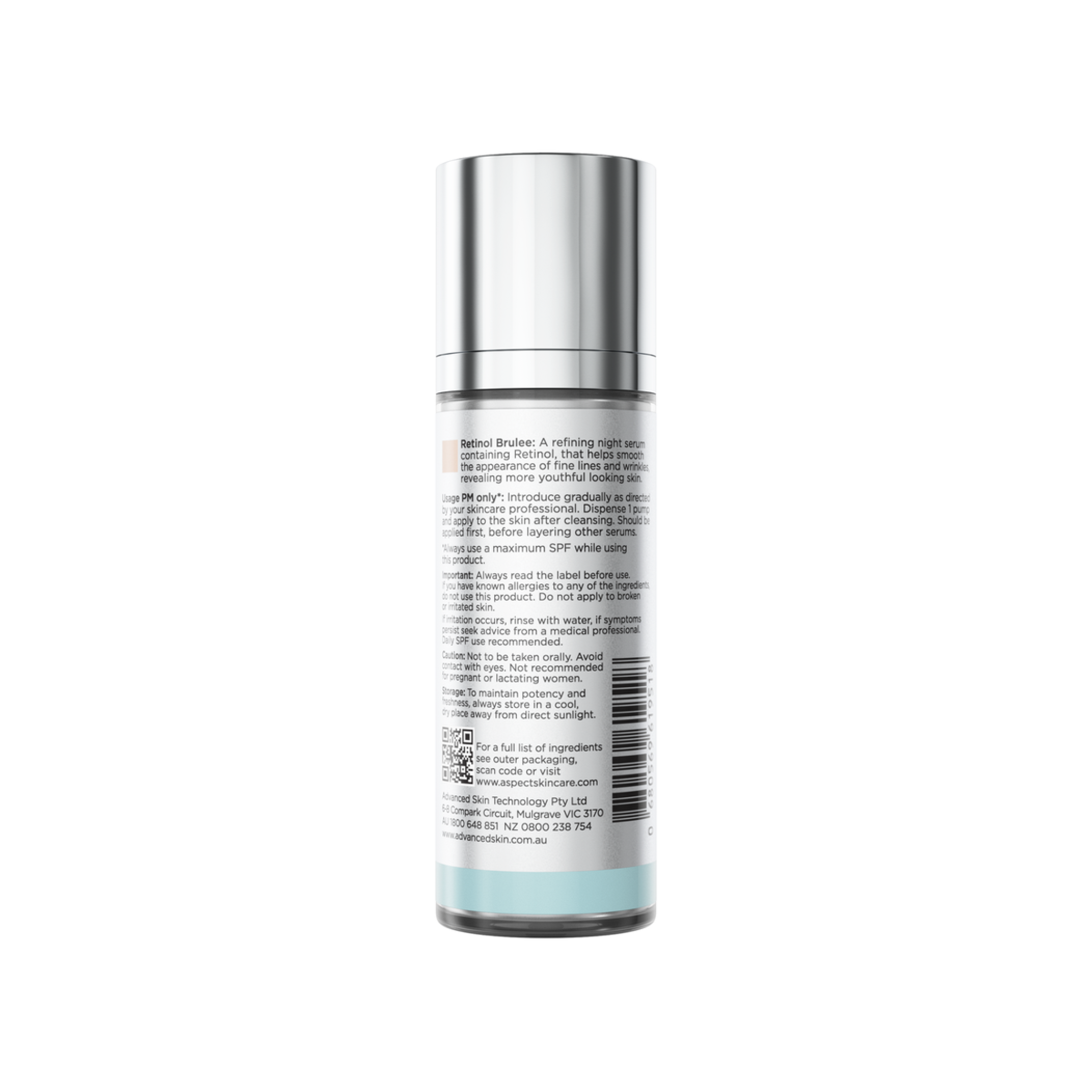 Back view of Aspect Retinol Brulee showing ingredients and directions for the Vitamin A night serum designed to refine, brighten and rejuvenate the skin.
