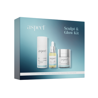 Aspect Sculpt & Glow Limited Edition Kit box featuring Purastat 5, Marine Youth Renewal Oil and Phytostat 9, highlighted as a hydrating and radiance-boosting skincare ritual.
