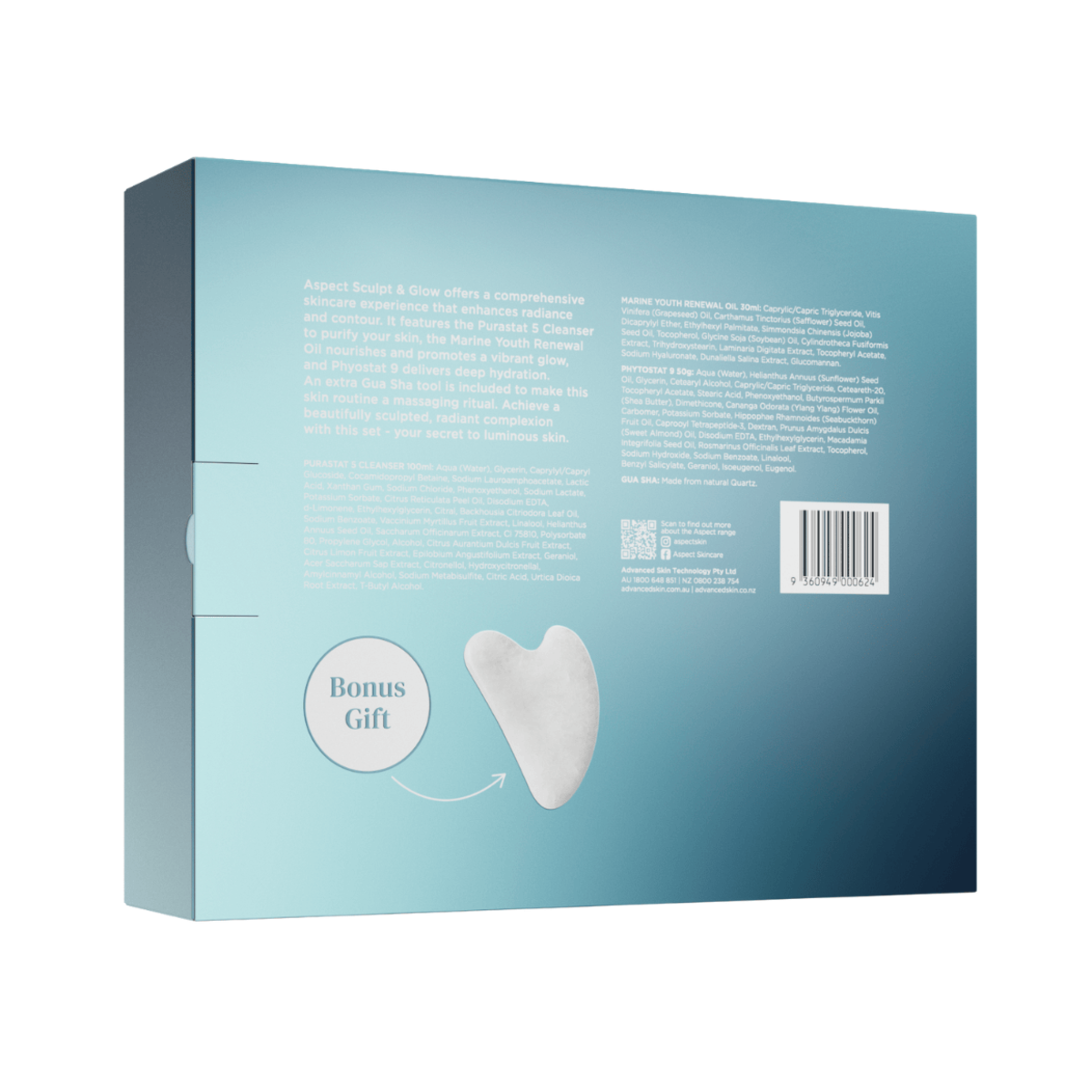 Back view of the Aspect Sculpt & Glow Limited Edition Kit box showing product details and the included crystal Gua Sha for facial sculpting and glow.