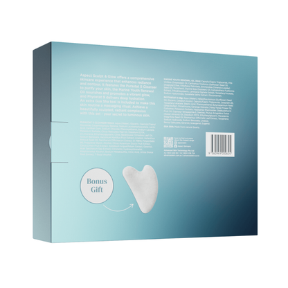 Back view of the Aspect Sculpt & Glow Limited Edition Kit box showing product details and the included crystal Gua Sha for facial sculpting and glow.