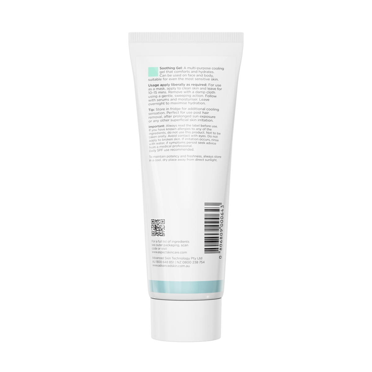 Back view of Aspect Soothing Gel showing ingredients and directions for the lightweight calming gel that hydrates, cools and soothes irritated or stressed skin.
