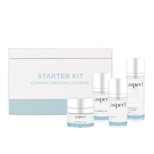Aspect Starter Kit products displayed in front of the box, showing Purastat 5, Extreme C 20, Exfol L and Phytostat 9 skincare minis.