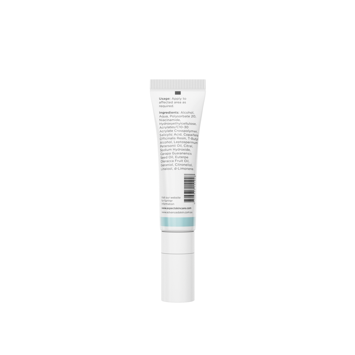 Back view of Aspect Stop Spot showing ingredients and directions for the salicylic acid spot treatment designed to unclog pores and soothe irritated skin.
