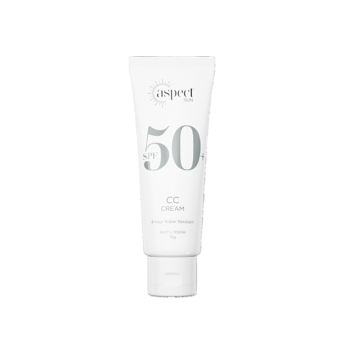 Aspect Sun CC Cream SPF50+ tinted sunscreen-primer tube providing broad-spectrum UVA/UVB protection, universal colour-correcting coverage, and hydrating antioxidant skincare benefits.