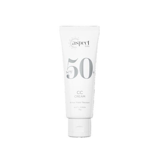 Aspect Sun CC Cream SPF50+ tinted sunscreen-primer tube providing broad-spectrum UVA/UVB protection, universal colour-correcting coverage, and hydrating antioxidant skincare benefits.