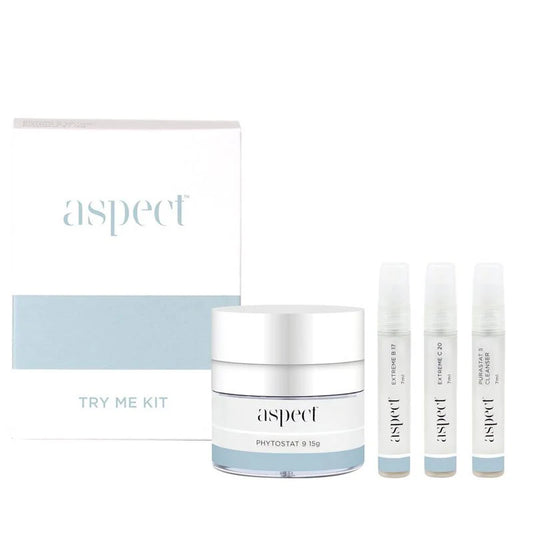 Aspect Try Me Kit featuring Purastat 5, Extreme C20, Extreme B17 and Phytostat 9 displayed in front of the kit box, showcasing the complete introductory skincare set.