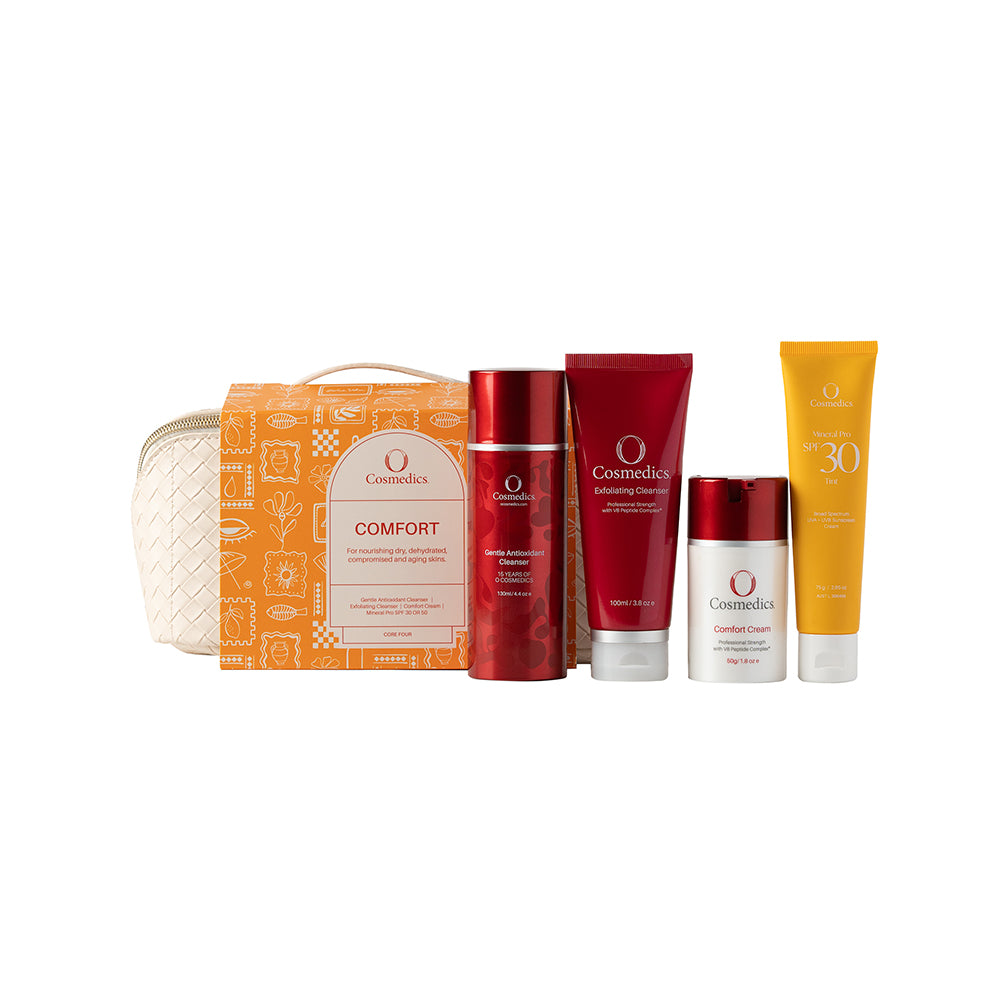 O Cosmedics Sale. Core Four Christmas Pack. Contains O Cosmedics Gentle Antioxidant Cleanser, O Cosmedics Exfoliating Cleanser, O Cosmedics Comfort Cream and your choice of O Cosmedics Mineral Pro Sunscreen
