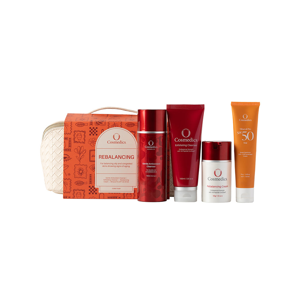 O Cosmedics Sale. Core Four Christmas Pack. Contains O Cosmedics Gentle Antioxidant Cleanser, O Cosmedics Exfoliating Cleanser, O Cosmedics Rebalancing Cream and your choice of O Cosmedics Mineral Pro Sunscreen