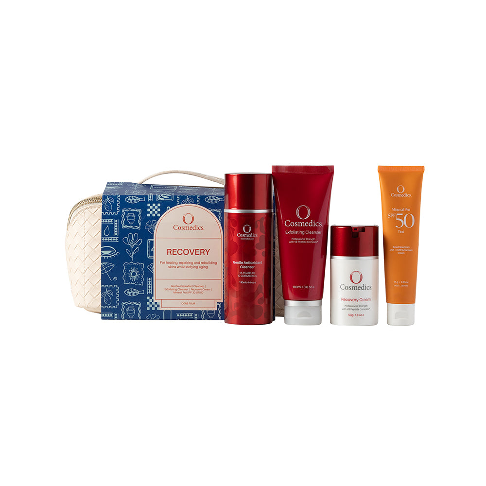 O Cosmedics Sale. Core Four Christmas Pack. Contains O Cosmedics Gentle Antioxidant Cleanser, O Cosmedics Exfoliating Cleanser, O Cosmedics Rebalancing Cream, your choice of FREE O Cosmedics Mineral Pro Sunscreen PLUS FREE Travel Bag