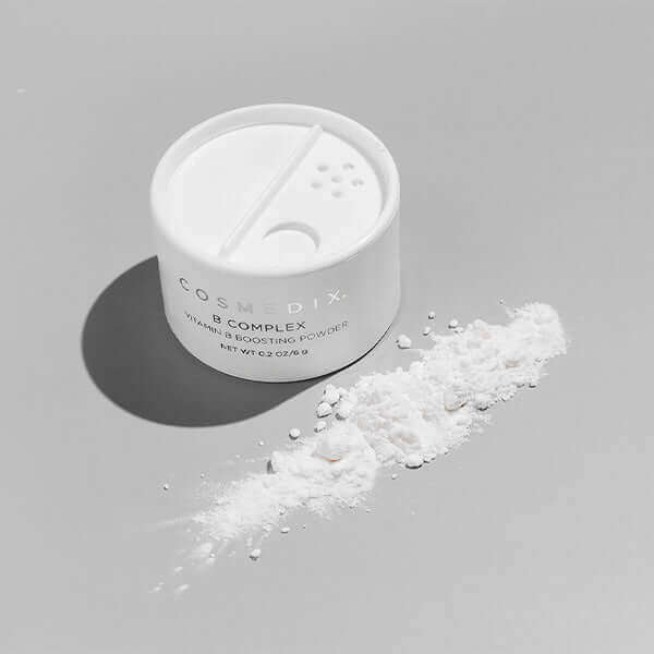 Cosmedix B Complex Vitamin B Boosting Powder for dry, imbalanced skin with coconut water and yogurt powder.