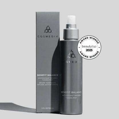 Cosmedix Benefit Balance Antioxidant Infused Toning Mist 150ml, antioxidant facial toner with hydrating mist formula to prep skin after cleansing.