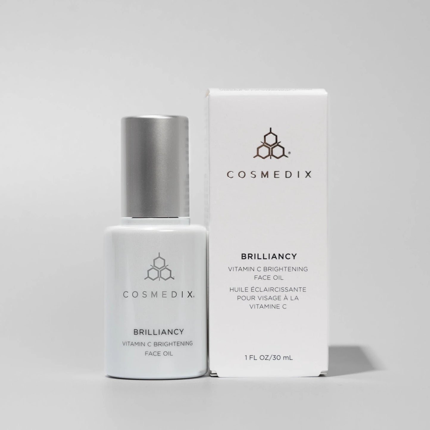 Cosmedix Brilliancy Vitamin C Brightening Face Oil with tetrahexyldecyl ascorbate for luminous, even-looking skin.