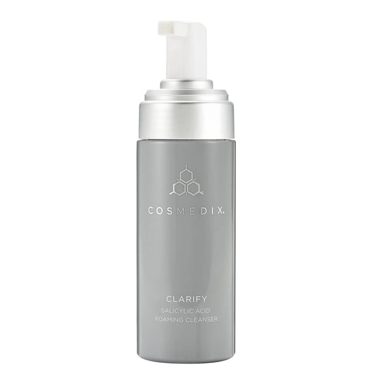 Cosmedix Clarify foaming cleanser with salicylic acid and aloe vera to help clear pores and reduce excess oil.