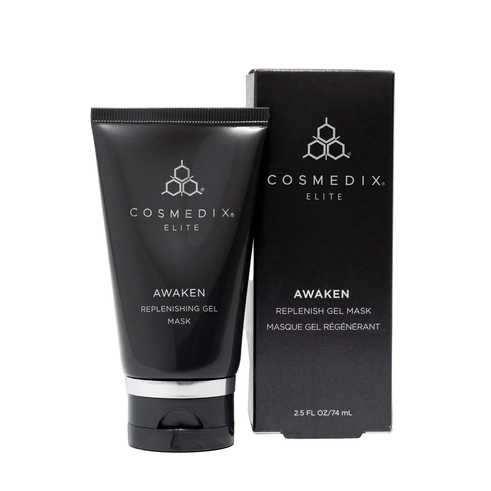 Cosmedix Elite Awaken Replenishing Gel Mask with gentle PHA exfoliation and marine algae to support smoother, balanced skin.