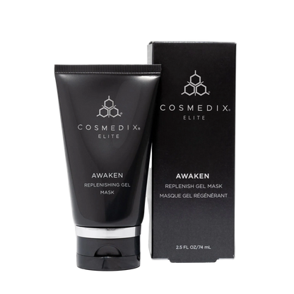 Cosmedix Elite Awaken Replenishing Gel Mask with gentle PHA exfoliation and marine algae to support smoother, balanced skin.