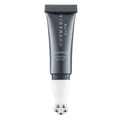 Cosmedix Elite I-Complex Advanced Eye Gel for fine lines, dark circles and under-eye hydration with bakuchiol and cooling rollerball.