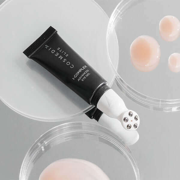 Cosmedix Elite I-Complex bakuchiol eye gel with cooling rollerball for puffiness, dark circles and tired-looking eyes.