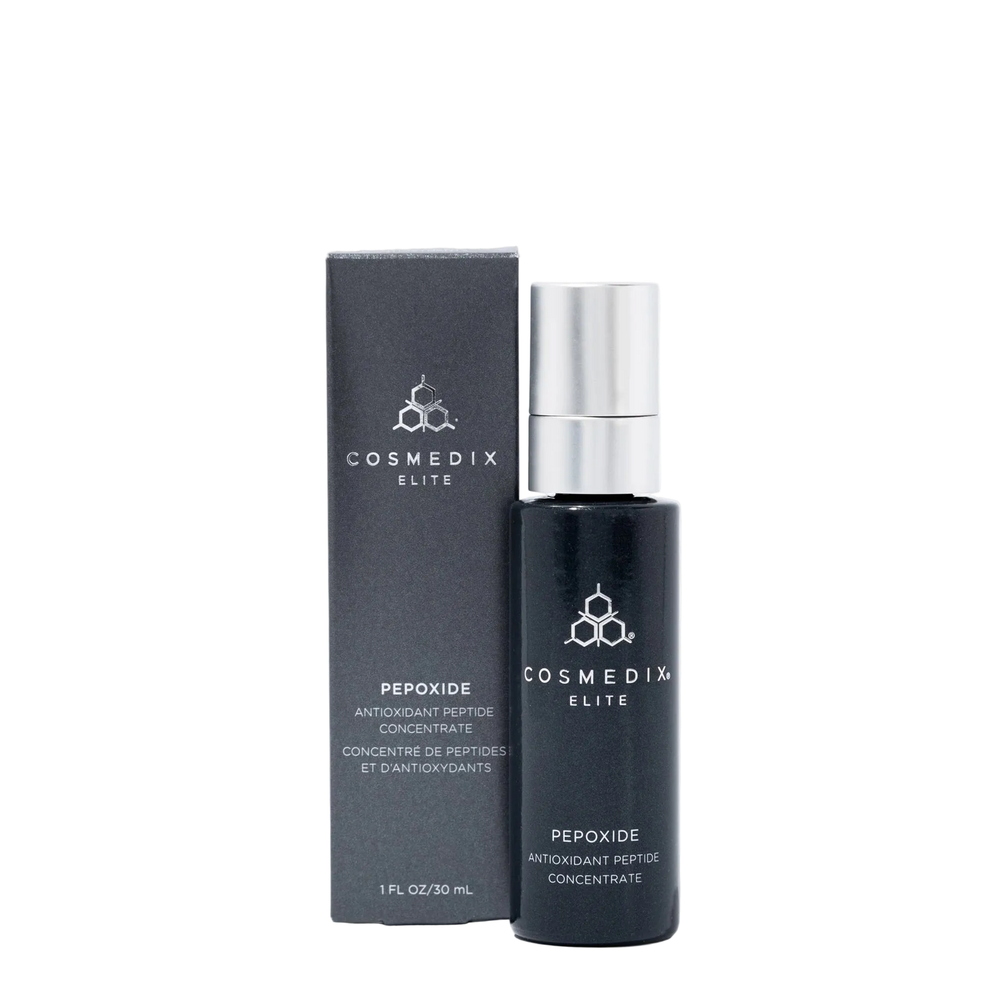 Cosmedix Elite Pepoxide Antioxidant Peptide Concentrate featuring Spin Trap, hydrolysed collagen and antioxidant skin protection.