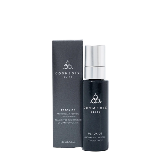Cosmedix Elite Pepoxide Antioxidant Peptide Concentrate featuring Spin Trap, hydrolysed collagen and antioxidant skin protection.