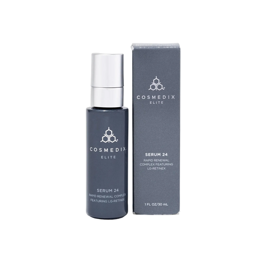 Cosmedix Elite Serum 24 advanced retinol and retinal serum for visible lines, loss of firmness and uneven skin tone.