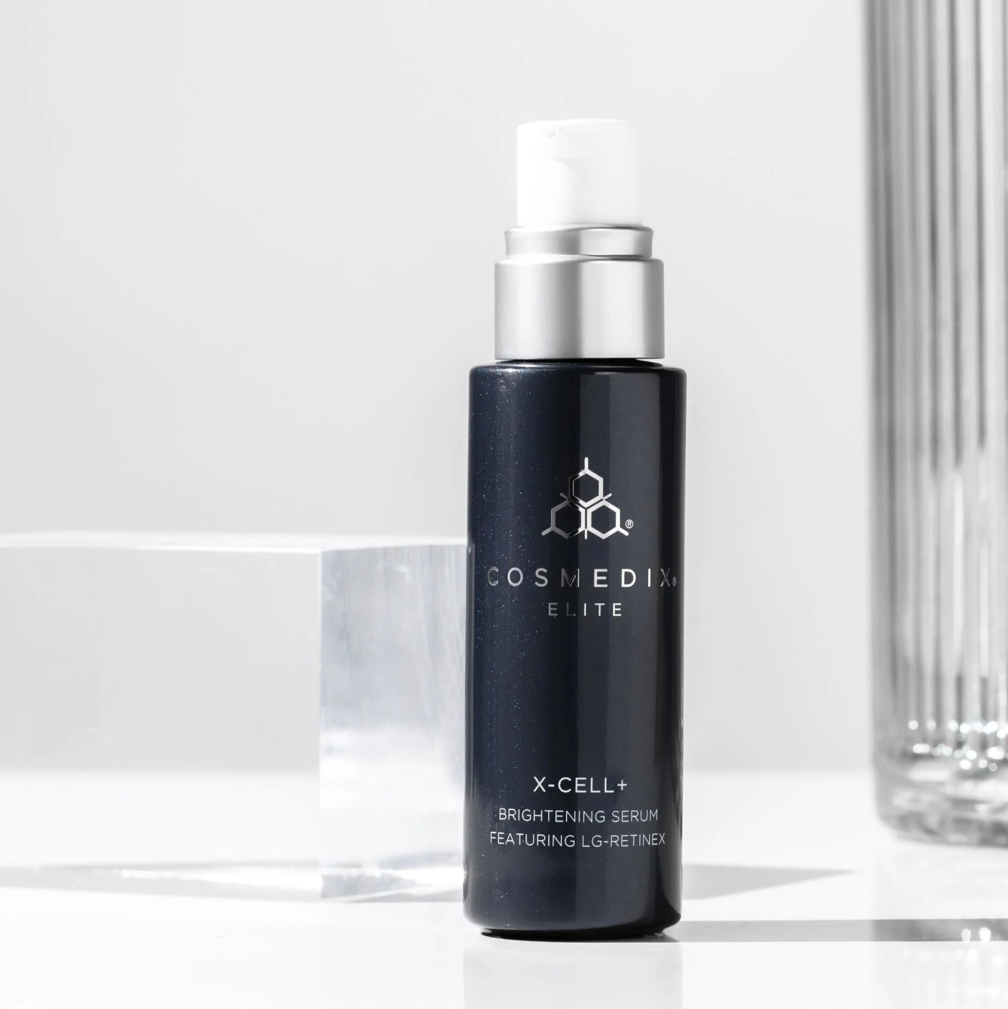 Cosmedix Elite X-Cell+ Brightening Serum for refining sun damage, uneven texture and dull skin.