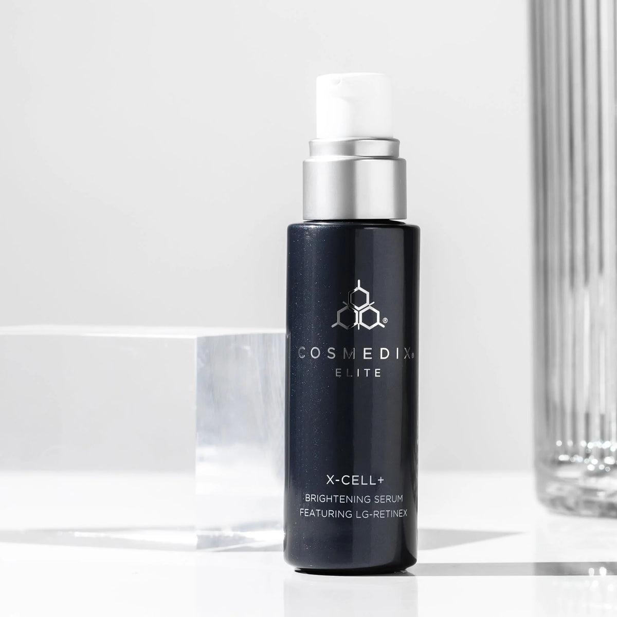 Cosmedix Elite X-Cell+ Brightening Serum for refining sun damage, uneven texture and dull skin.